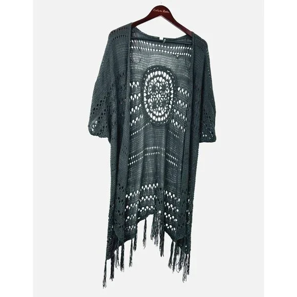 Womens Sleeveless Long Crochet Shawl Open Cardigan Cover Up Fringe Gray Sz S - Picture 2 of 12